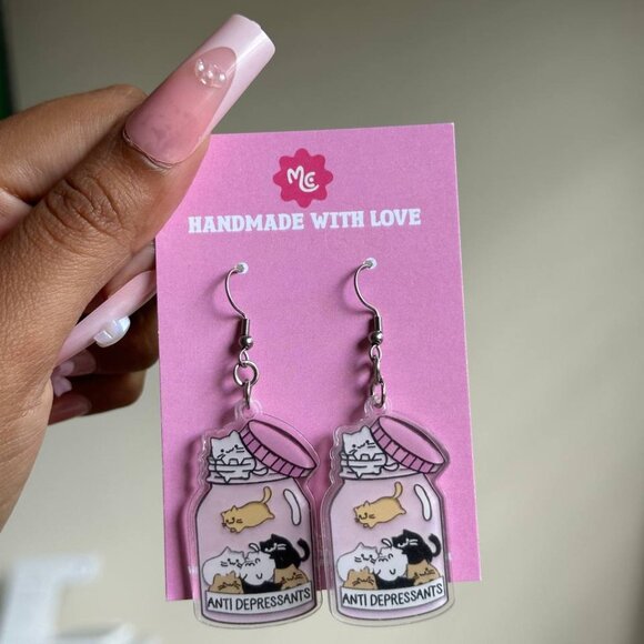 Cute Cat Jar Earrings | Anti Depressants Kitty Statement Jewelry - Picture 3 of 3